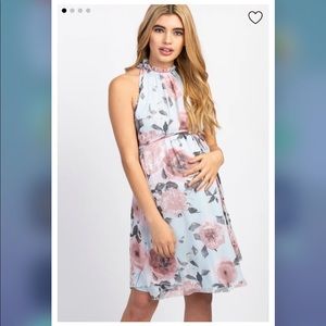 Light Blue Floral High Neck Maternity Dress